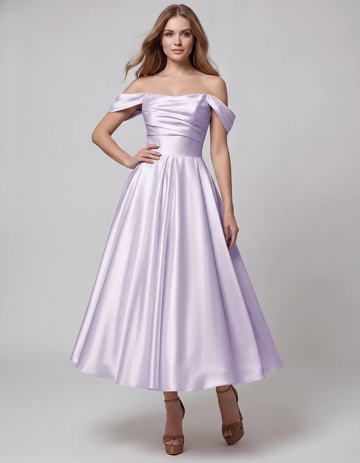 Satin Off Shoulder A-Line Midi Dress with Short Sleeves for Party, Cocktail, Evening, Wedding Guest, Summer Events and Formal | SKU: VM-582947163829405-LILAC-L,VM-582947163829405-LILAC-M,VM-582947163829405-LILAC-S,VM-582947163829405-LILAC-XL,VM-582947163829405-LILAC-XS
