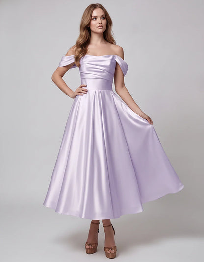 Satin Off Shoulder A-Line Midi Dress with Short Sleeves for Party, Cocktail, Evening, Wedding Guest, Summer Events and Formal | SKU: VM-582947163829405-LILAC-L,VM-582947163829405-LILAC-M,VM-582947163829405-LILAC-S,VM-582947163829405-LILAC-XL,VM-582947163829405-LILAC-XS