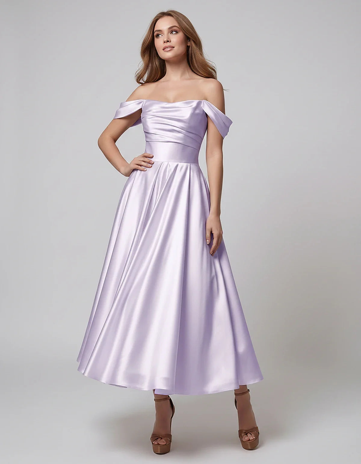 Satin Off Shoulder A-Line Midi Dress with Short Sleeves for Party, Cocktail, Evening, Wedding Guest, Summer Events and Formal | SKU: VM-582947163829405-LILAC-L,VM-582947163829405-LILAC-M,VM-582947163829405-LILAC-S,VM-582947163829405-LILAC-XL,VM-582947163829405-LILAC-XS