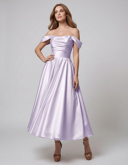 Satin Off Shoulder A-Line Midi Dress with Short Sleeves for Party, Cocktail, Evening, Wedding Guest, Summer Events and Formal | SKU: VM-582947163829405-LILAC-L,VM-582947163829405-LILAC-M,VM-582947163829405-LILAC-S,VM-582947163829405-LILAC-XL,VM-582947163829405-LILAC-XS