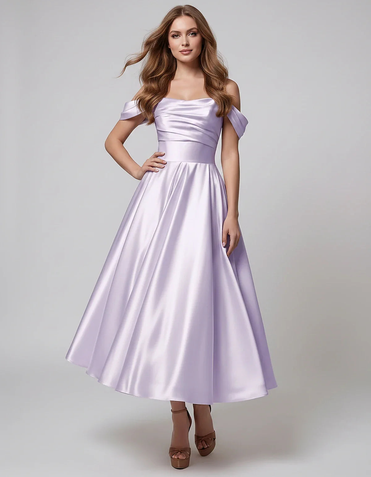 Satin Off Shoulder A-Line Midi Dress with Short Sleeves for Party, Cocktail, Evening, Wedding Guest, Summer Events and Formal | SKU: VM-582947163829405-LILAC-L,VM-582947163829405-LILAC-M,VM-582947163829405-LILAC-S,VM-582947163829405-LILAC-XL,VM-582947163829405-LILAC-XS