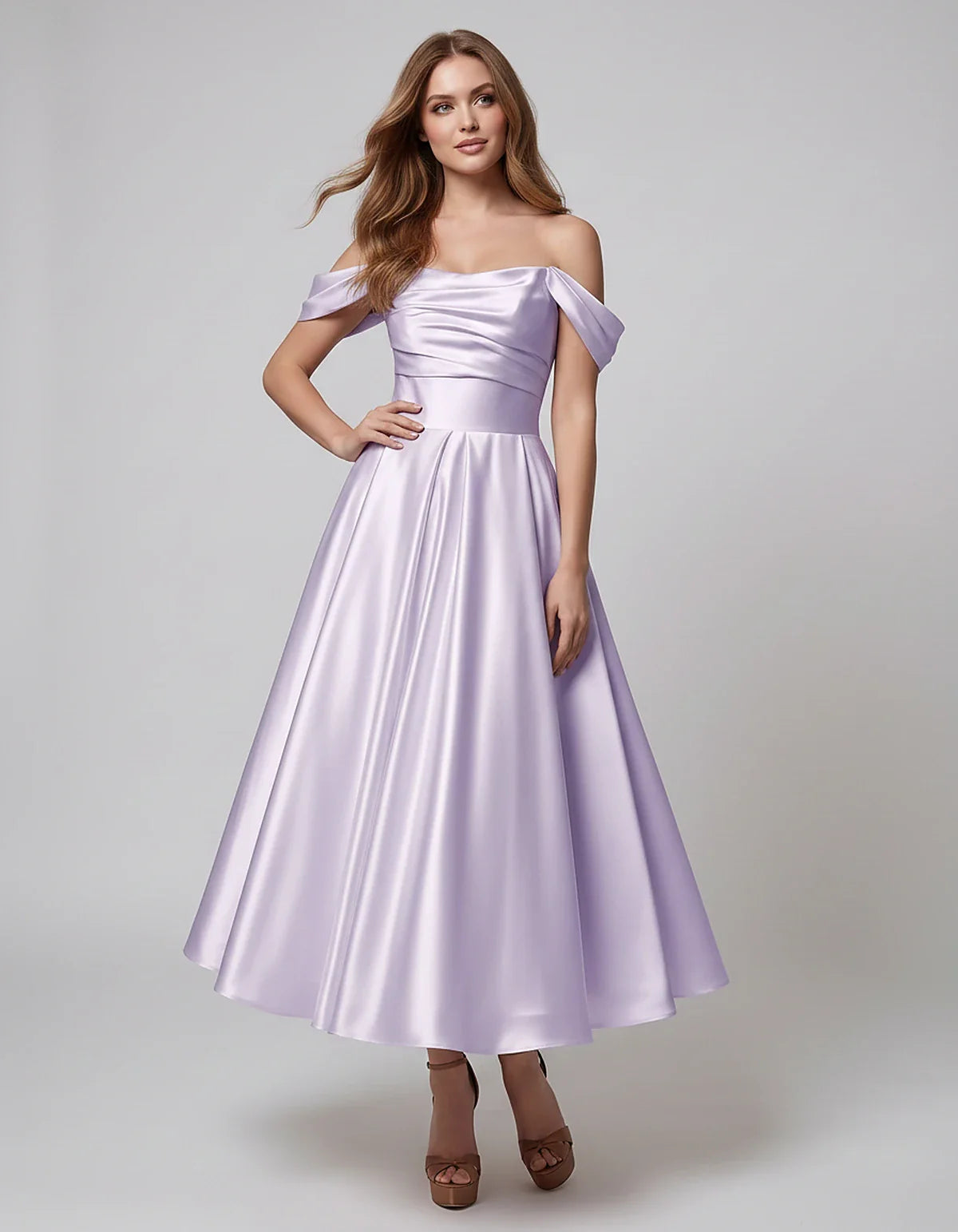 Satin Off Shoulder A-Line Midi Dress with Short Sleeves for Party, Cocktail, Evening, Wedding Guest, Summer Events and Formal | SKU: VM-582947163829405-LILAC-L,VM-582947163829405-LILAC-M,VM-582947163829405-LILAC-S,VM-582947163829405-LILAC-XL,VM-582947163829405-LILAC-XS