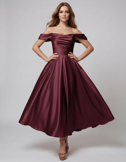 Satin Off Shoulder A-Line Midi Dress with Short Sleeves for Party, Cocktail, Evening, Wedding Guest, Summer Events and Formal | SKU: VM-582947163829405-BURGUNDY-L,VM-582947163829405-BURGUNDY-M,VM-582947163829405-BURGUNDY-S,VM-582947163829405-BURGUNDY-XL,VM-582947163829405-BURGUNDY-XS