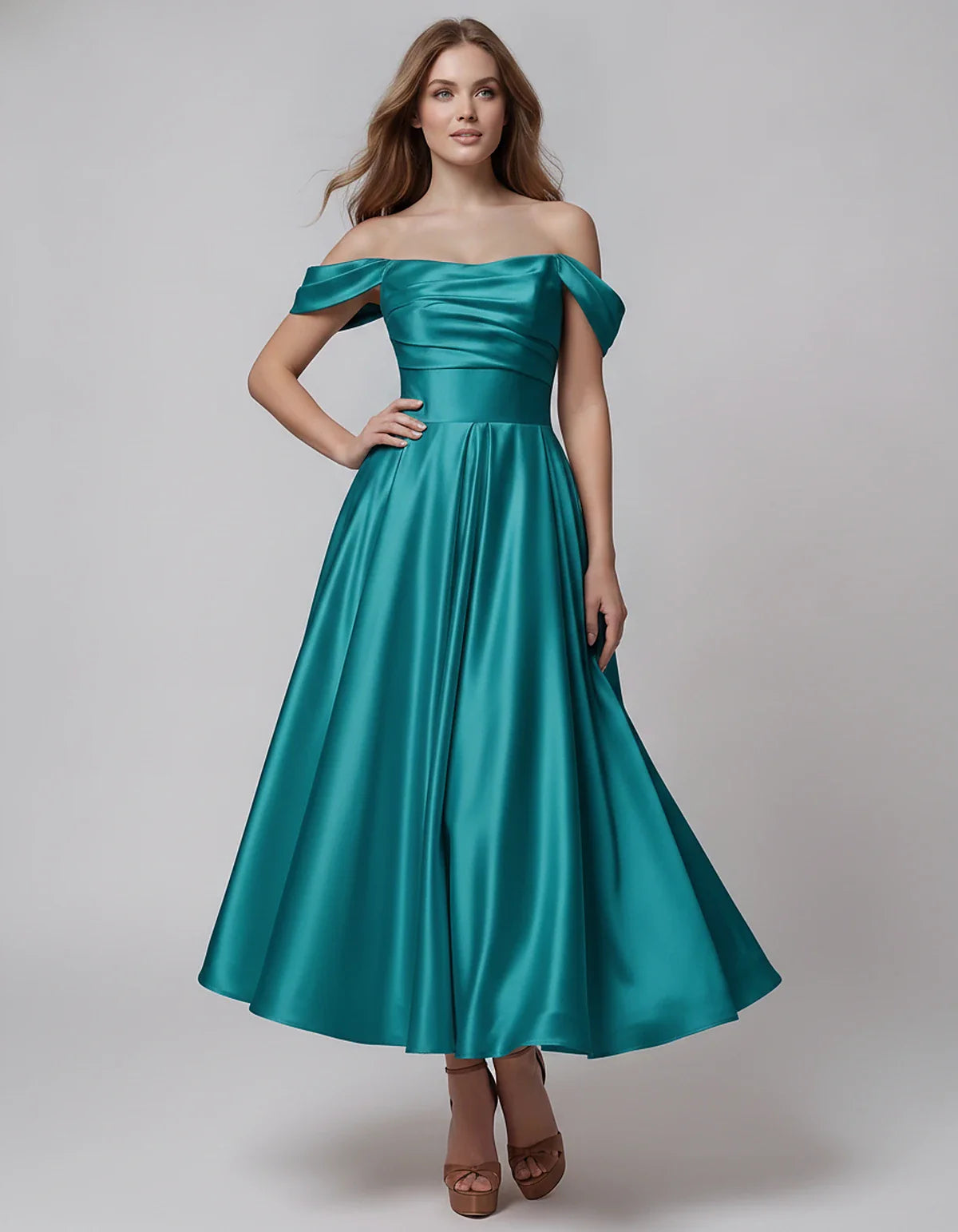 Satin Off Shoulder A-Line Midi Dress with Short Sleeves for Party, Cocktail, Evening, Wedding Guest, Summer Events and Formal | SKU: VM-582947163829405-AQUA-L,VM-582947163829405-AQUA-M,VM-582947163829405-AQUA-S,VM-582947163829405-AQUA-XL,VM-582947163829405-AQUA-XS