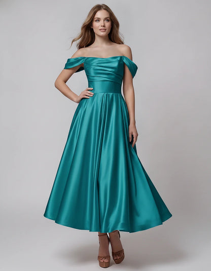 Satin Off Shoulder A-Line Midi Dress with Short Sleeves for Party, Cocktail, Evening, Wedding Guest, Summer Events and Formal | SKU: VM-582947163829405-AQUA-L,VM-582947163829405-AQUA-M,VM-582947163829405-AQUA-S,VM-582947163829405-AQUA-XL,VM-582947163829405-AQUA-XS
