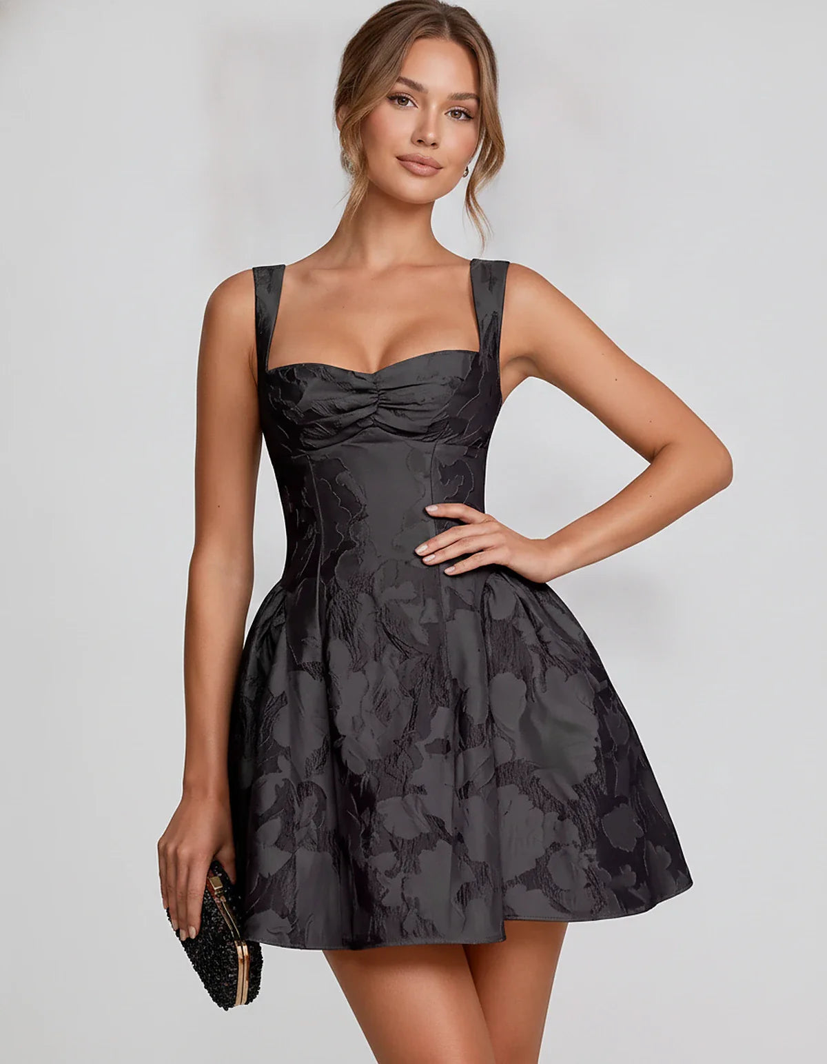 Jacquard Sleeveless Sweetheart A-Line Flared Structured Mini Dress for Party Cocktail Evening Summer Wedding Guest Elegant Oc | SKU: MD-482915736104582-BLACK-L,MD-482915736104582-BLACK-M,MD-482915736104582-BLACK-S,MD-482915736104582-BLACK-XL,MD-482915736104582-BLACK-XS