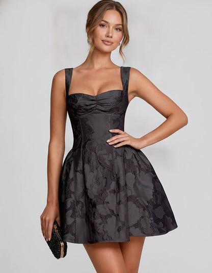 Jacquard Sleeveless Sweetheart A-Line Flared Structured Mini Dress for Party Cocktail Evening Summer Wedding Guest Elegant Oc | SKU: MD-482915736104582-BLACK-L,MD-482915736104582-BLACK-M,MD-482915736104582-BLACK-S,MD-482915736104582-BLACK-XL,MD-482915736104582-BLACK-XS