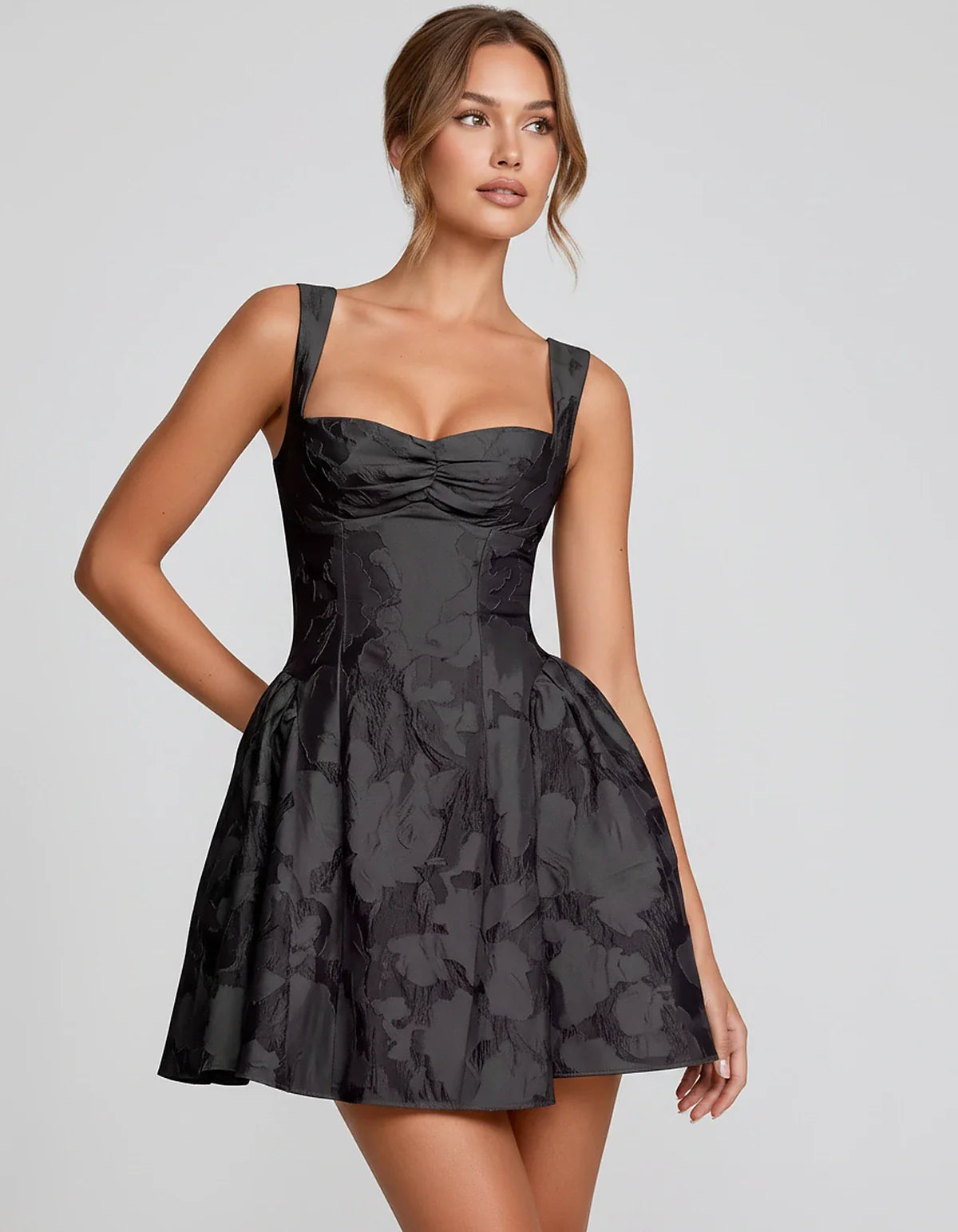 Jacquard Sleeveless Sweetheart A-Line Flared Structured Mini Dress for Party Cocktail Evening Summer Wedding Guest Elegant Oc | SKU: MD-482915736104582-BLACK-L,MD-482915736104582-BLACK-M,MD-482915736104582-BLACK-S,MD-482915736104582-BLACK-XL,MD-482915736104582-BLACK-XS