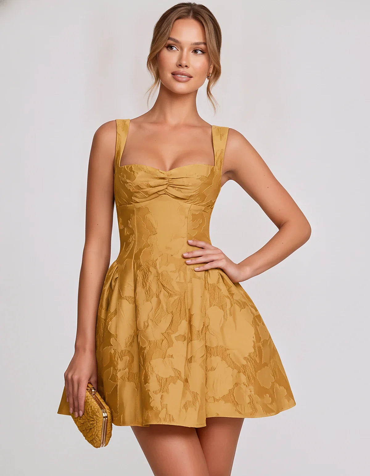 Jacquard Sleeveless Sweetheart A-Line Flared Structured Mini Dress for Party Cocktail Evening Summer Wedding Guest Elegant Oc | SKU: MD-482915736104582-GOLD-L,MD-482915736104582-GOLD-M,MD-482915736104582-GOLD-S,MD-482915736104582-GOLD-XL,MD-482915736104582-GOLD-XS
