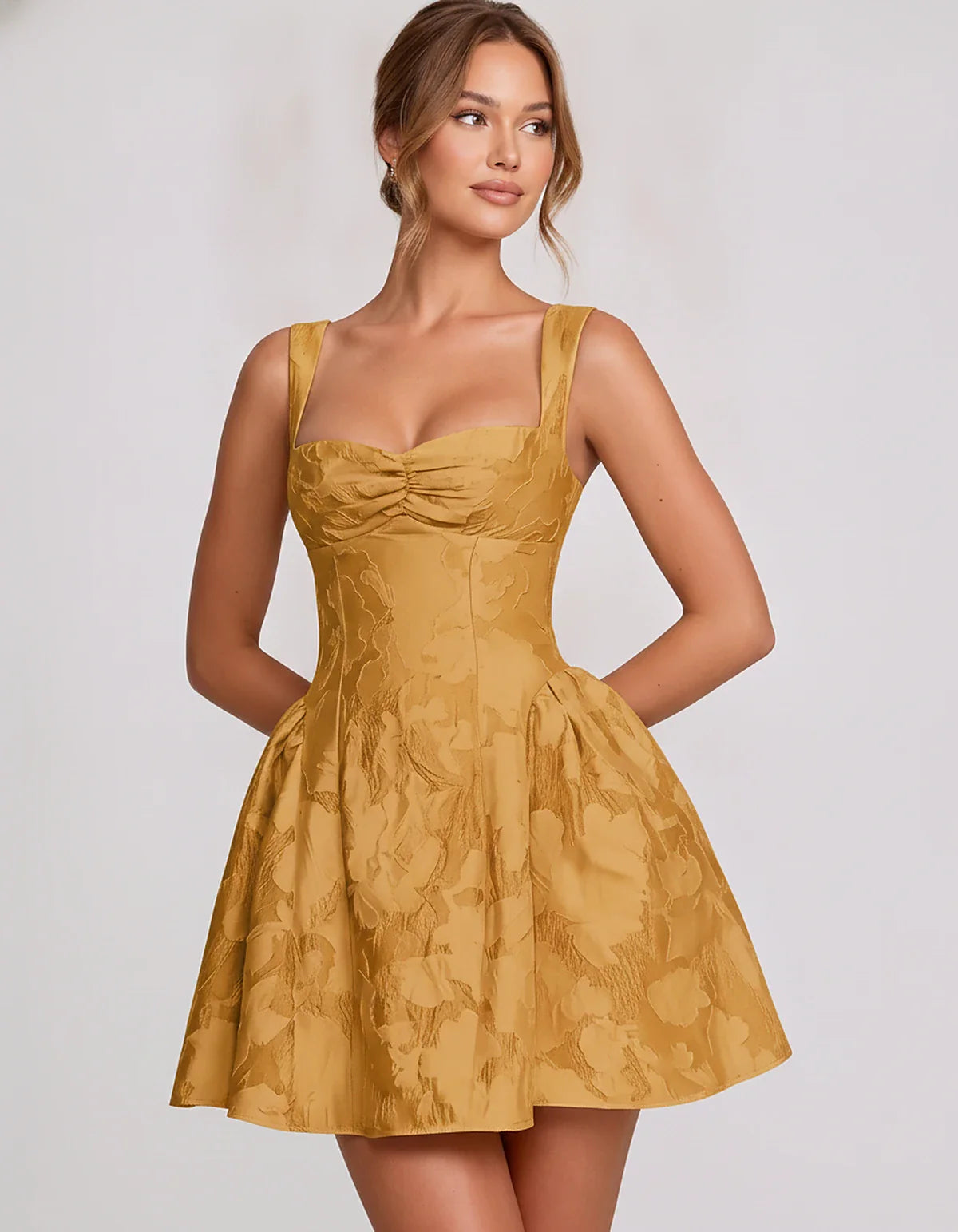 Jacquard Sleeveless Sweetheart A-Line Flared Structured Mini Dress for Party Cocktail Evening Summer Wedding Guest Elegant Oc | SKU: MD-482915736104582-GOLD-L,MD-482915736104582-GOLD-M,MD-482915736104582-GOLD-S,MD-482915736104582-GOLD-XL,MD-482915736104582-GOLD-XS