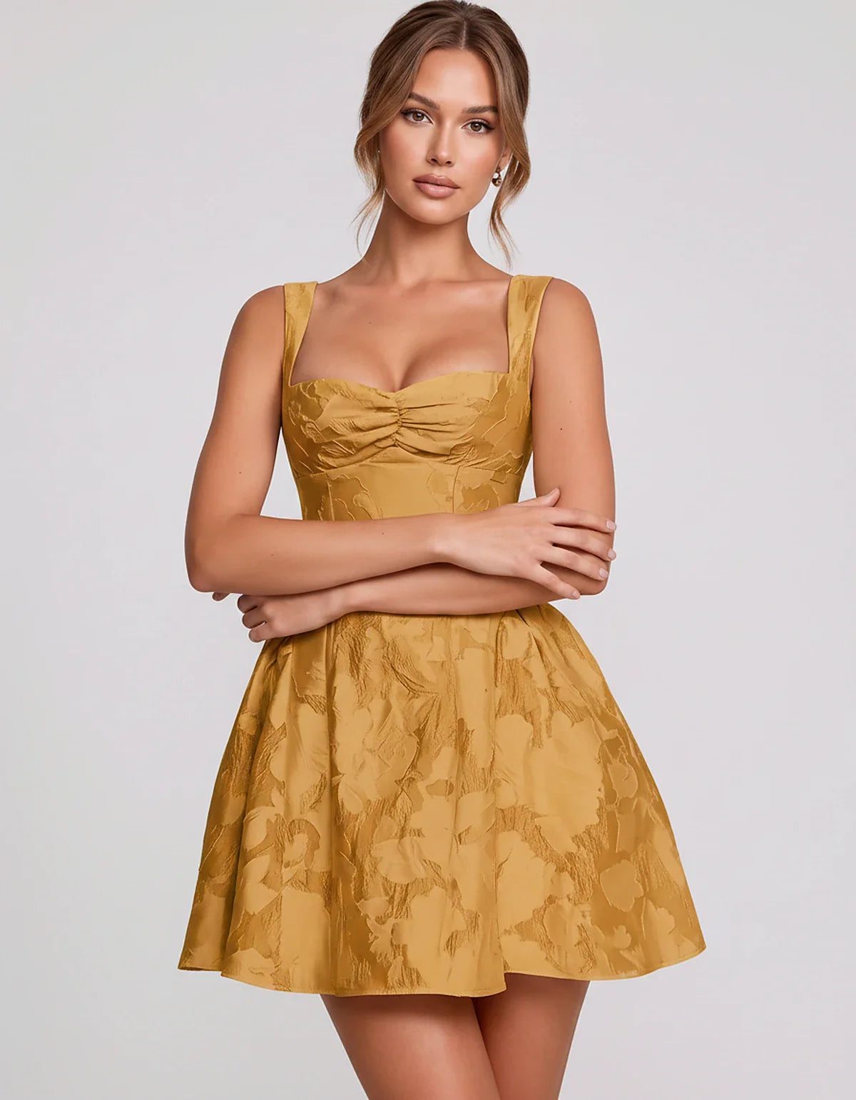 Jacquard Sleeveless Sweetheart A-Line Flared Structured Mini Dress for Party Cocktail Evening Summer Wedding Guest Elegant Oc | SKU: MD-482915736104582-GOLD-L,MD-482915736104582-GOLD-M,MD-482915736104582-GOLD-S,MD-482915736104582-GOLD-XL,MD-482915736104582-GOLD-XS