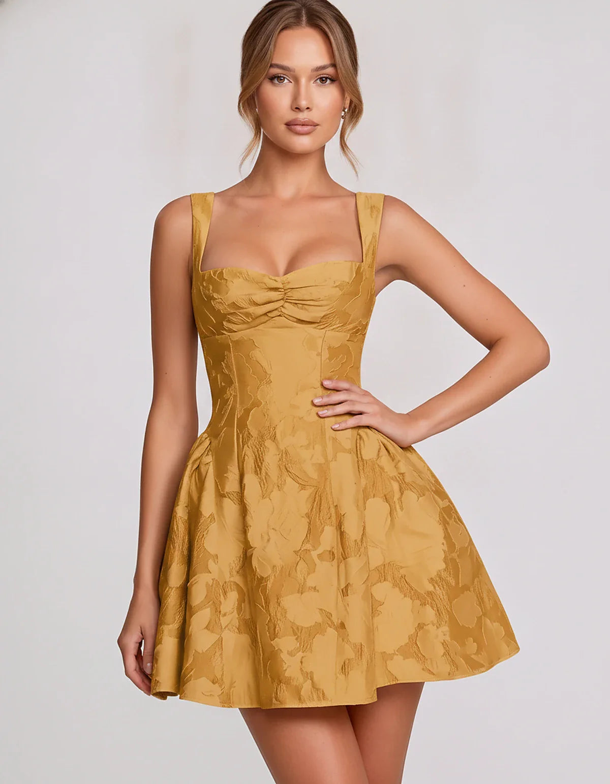 Jacquard Sleeveless Sweetheart A-Line Flared Structured Mini Dress for Party Cocktail Evening Summer Wedding Guest Elegant Oc | SKU: MD-482915736104582-GOLD-L,MD-482915736104582-GOLD-M,MD-482915736104582-GOLD-S,MD-482915736104582-GOLD-XL,MD-482915736104582-GOLD-XS