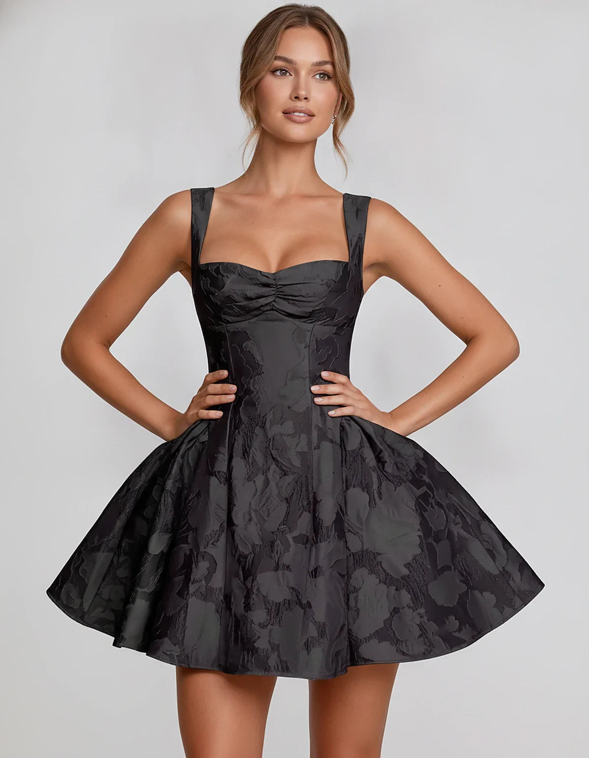 Jacquard Sleeveless Sweetheart A-Line Flared Structured Mini Dress for Party Cocktail Evening Summer Wedding Guest Elegant Oc | SKU: MD-482915736104582-BLACK-L,MD-482915736104582-BLACK-M,MD-482915736104582-BLACK-S,MD-482915736104582-BLACK-XL,MD-482915736104582-BLACK-XS
