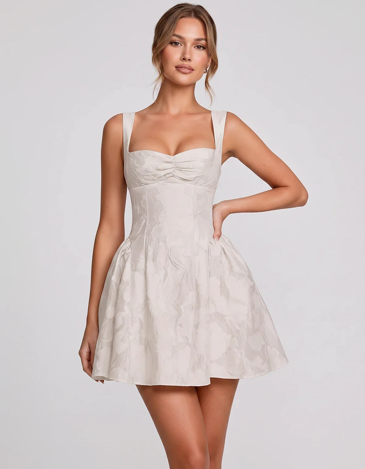 Jacquard Sleeveless Sweetheart A-Line Flared Structured Mini Dress for Party Cocktail Evening Summer Wedding Guest Elegant Oc | SKU: MD-482915736104582-IVORY-L,MD-482915736104582-IVORY-M,MD-482915736104582-IVORY-S,MD-482915736104582-IVORY-XL,MD-482915736104582-IVORY-XS