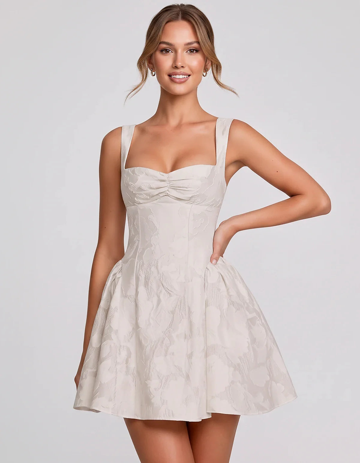 Jacquard Sleeveless Sweetheart A-Line Flared Structured Mini Dress for Party Cocktail Evening Summer Wedding Guest Elegant Oc | SKU: MD-482915736104582-IVORY-L,MD-482915736104582-IVORY-M,MD-482915736104582-IVORY-S,MD-482915736104582-IVORY-XL,MD-482915736104582-IVORY-XS