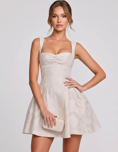 Jacquard Sleeveless Sweetheart A-Line Flared Structured Mini Dress for Party Cocktail Evening Summer Wedding Guest Elegant Oc | SKU: MD-482915736104582-IVORY-L,MD-482915736104582-IVORY-M,MD-482915736104582-IVORY-S,MD-482915736104582-IVORY-XL,MD-482915736104582-IVORY-XS