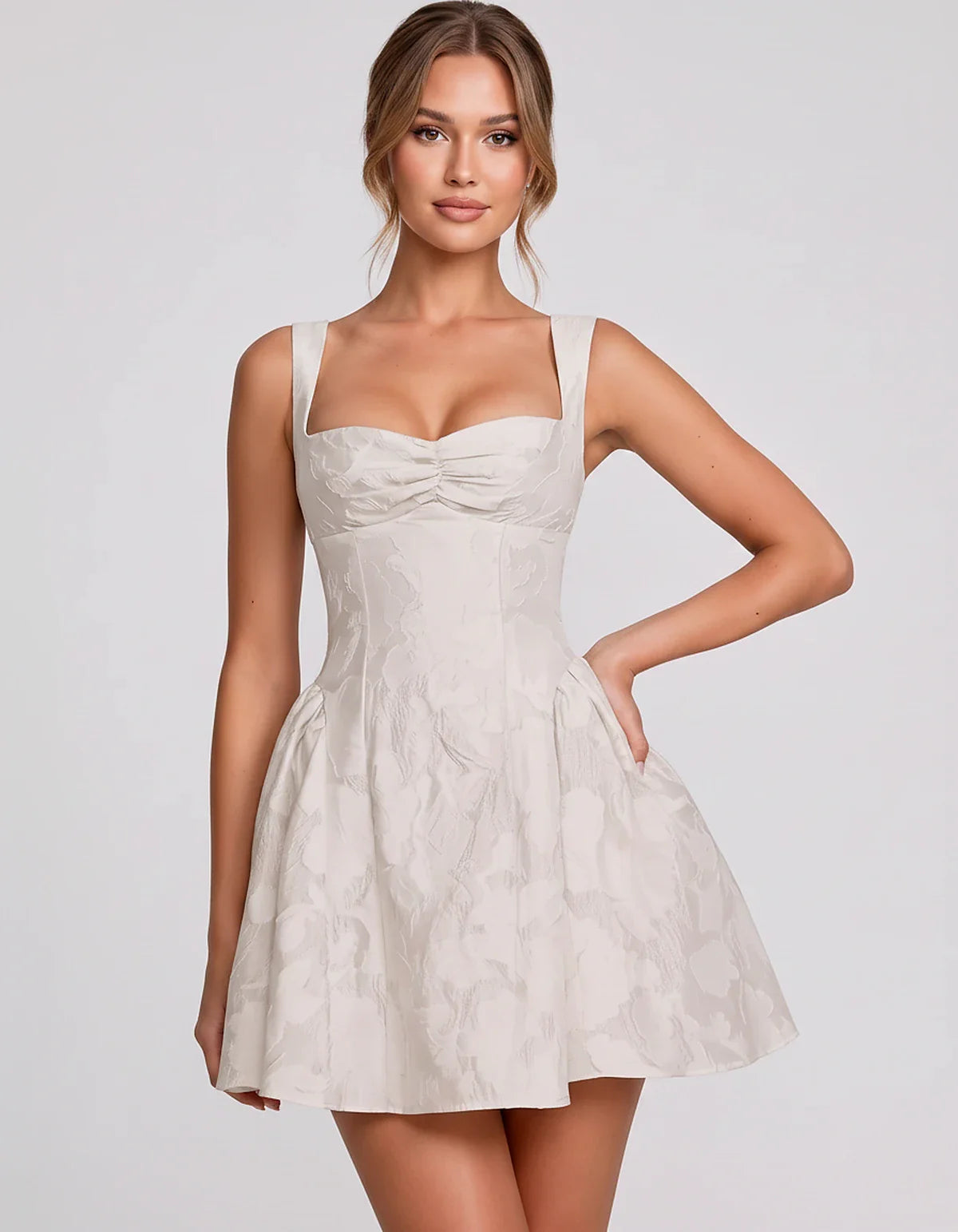 Jacquard Sleeveless Sweetheart A-Line Flared Structured Mini Dress for Party Cocktail Evening Summer Wedding Guest Elegant Oc | SKU: MD-482915736104582-IVORY-L,MD-482915736104582-IVORY-M,MD-482915736104582-IVORY-S,MD-482915736104582-IVORY-XL,MD-482915736104582-IVORY-XS