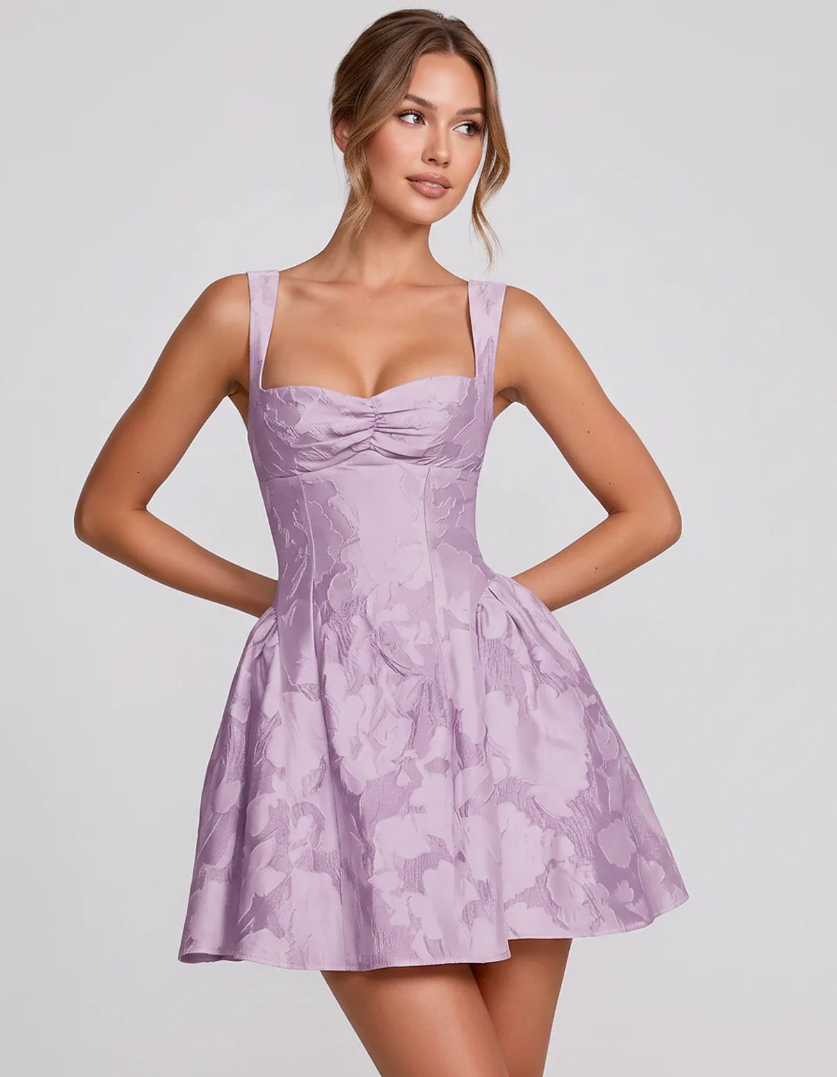 Jacquard Sleeveless Sweetheart A-Line Flared Structured Mini Dress for Party Cocktail Evening Summer Wedding Guest Elegant Oc | SKU: MD-482915736104582-LAVENDER-L,MD-482915736104582-LAVENDER-M,MD-482915736104582-LAVENDER-S,MD-482915736104582-LAVENDER-XL,MD-482915736104582-LAVENDER-XS