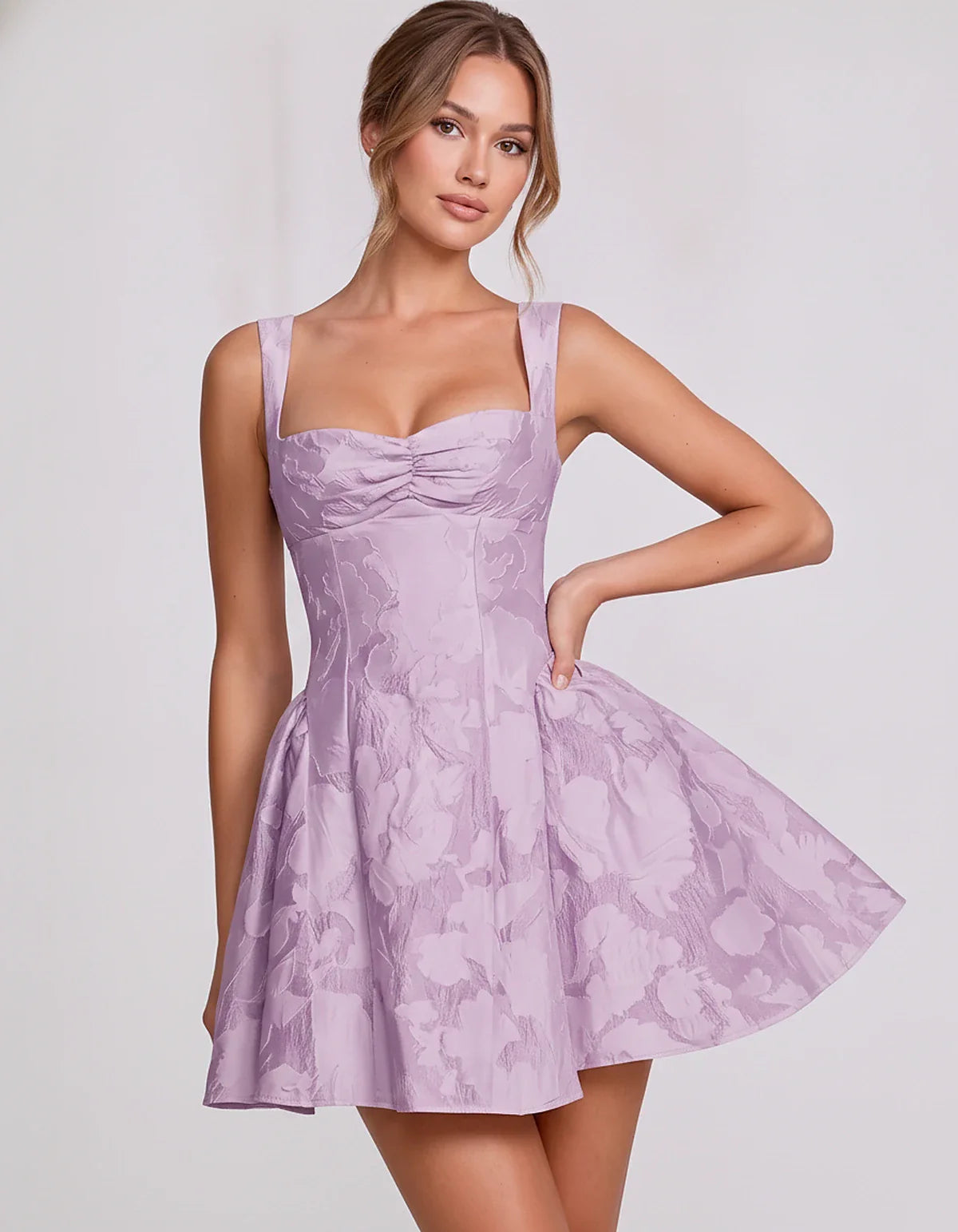 Jacquard Sleeveless Sweetheart A-Line Flared Structured Mini Dress for Party Cocktail Evening Summer Wedding Guest Elegant Oc | SKU: MD-482915736104582-LAVENDER-L,MD-482915736104582-LAVENDER-M,MD-482915736104582-LAVENDER-S,MD-482915736104582-LAVENDER-XL,MD-482915736104582-LAVENDER-XS
