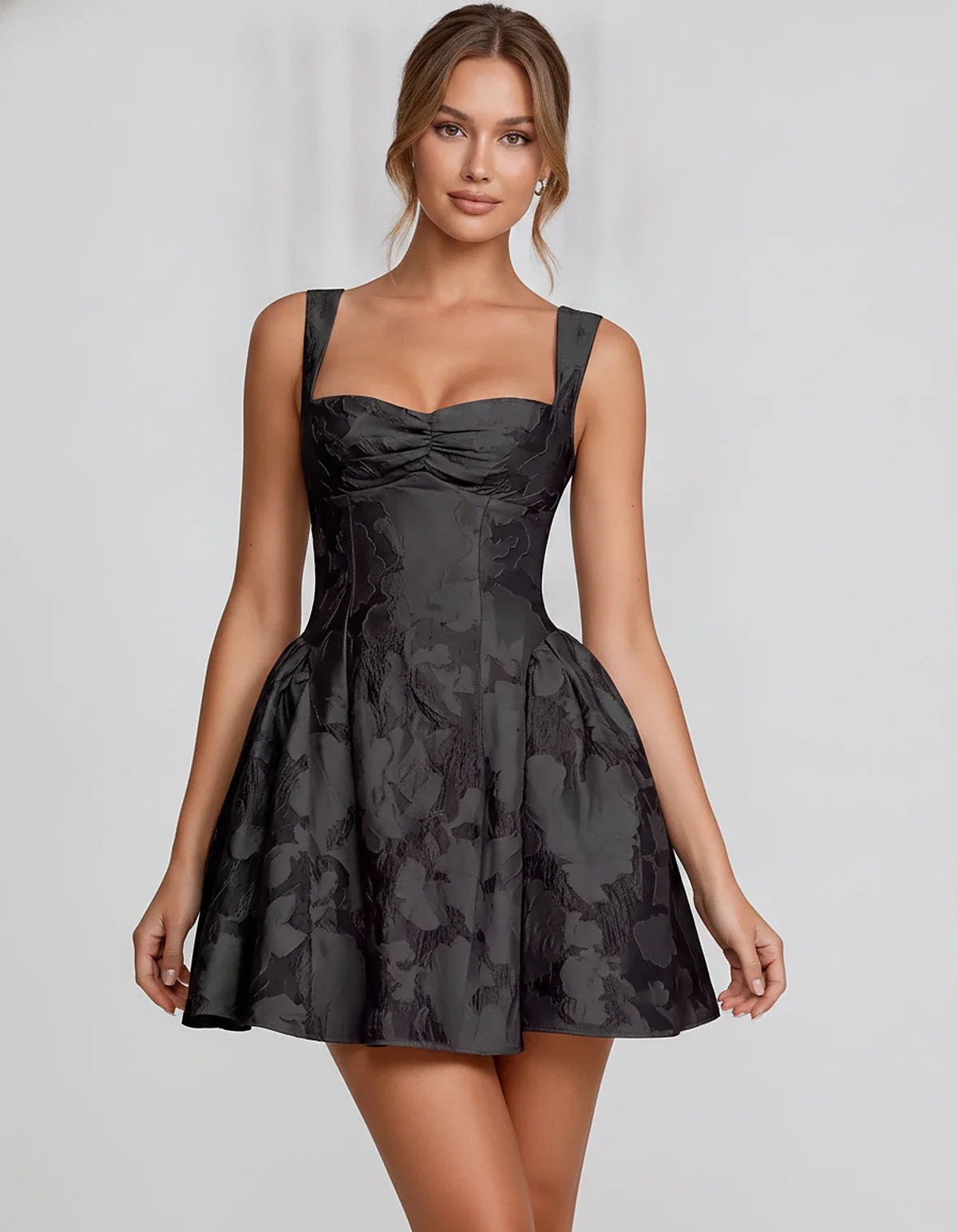 Jacquard Sleeveless Sweetheart A-Line Flared Structured Mini Dress for Party Cocktail Evening Summer Wedding Guest Elegant Oc | SKU: MD-482915736104582-BLACK-L,MD-482915736104582-BLACK-M,MD-482915736104582-BLACK-S,MD-482915736104582-BLACK-XL,MD-482915736104582-BLACK-XS