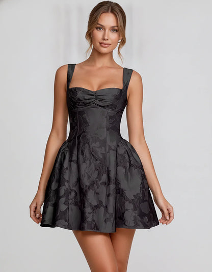 Jacquard Sleeveless Sweetheart A-Line Flared Structured Mini Dress for Party Cocktail Evening Summer Wedding Guest Elegant Oc | SKU: MD-482915736104582-BLACK-L,MD-482915736104582-BLACK-M,MD-482915736104582-BLACK-S,MD-482915736104582-BLACK-XL,MD-482915736104582-BLACK-XS