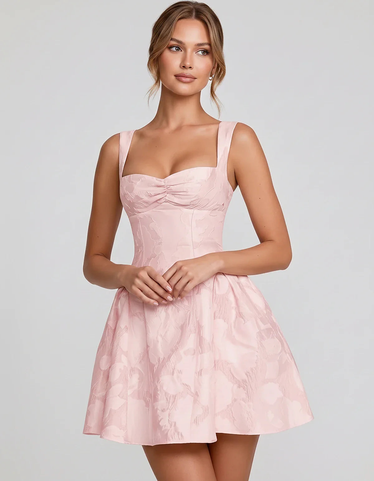 Jacquard Sleeveless Sweetheart A-Line Flared Structured Mini Dress for Party Cocktail Evening Summer Wedding Guest Elegant Oc | SKU: MD-482915736104582-BLUSH-L,MD-482915736104582-BLUSH-M,MD-482915736104582-BLUSH-S,MD-482915736104582-BLUSH-XL,MD-482915736104582-BLUSH-XS