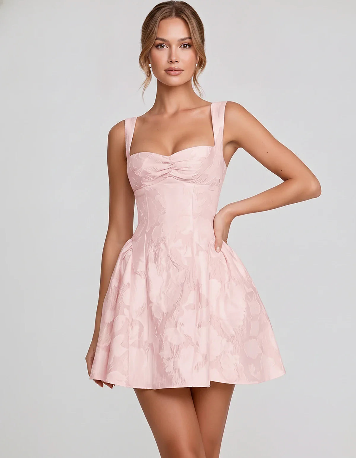 Jacquard Sleeveless Sweetheart A-Line Flared Structured Mini Dress for Party Cocktail Evening Summer Wedding Guest Elegant Oc | SKU: MD-482915736104582-BLUSH-L,MD-482915736104582-BLUSH-M,MD-482915736104582-BLUSH-S,MD-482915736104582-BLUSH-XL,MD-482915736104582-BLUSH-XS