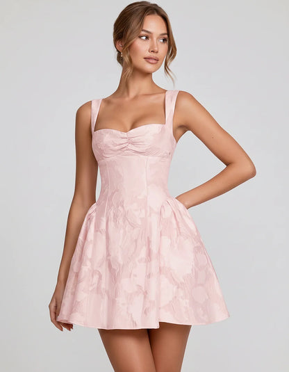 Jacquard Sleeveless Sweetheart A-Line Flared Structured Mini Dress for Party Cocktail Evening Summer Wedding Guest Elegant Oc | SKU: MD-482915736104582-BLUSH-L,MD-482915736104582-BLUSH-M,MD-482915736104582-BLUSH-S,MD-482915736104582-BLUSH-XL,MD-482915736104582-BLUSH-XS
