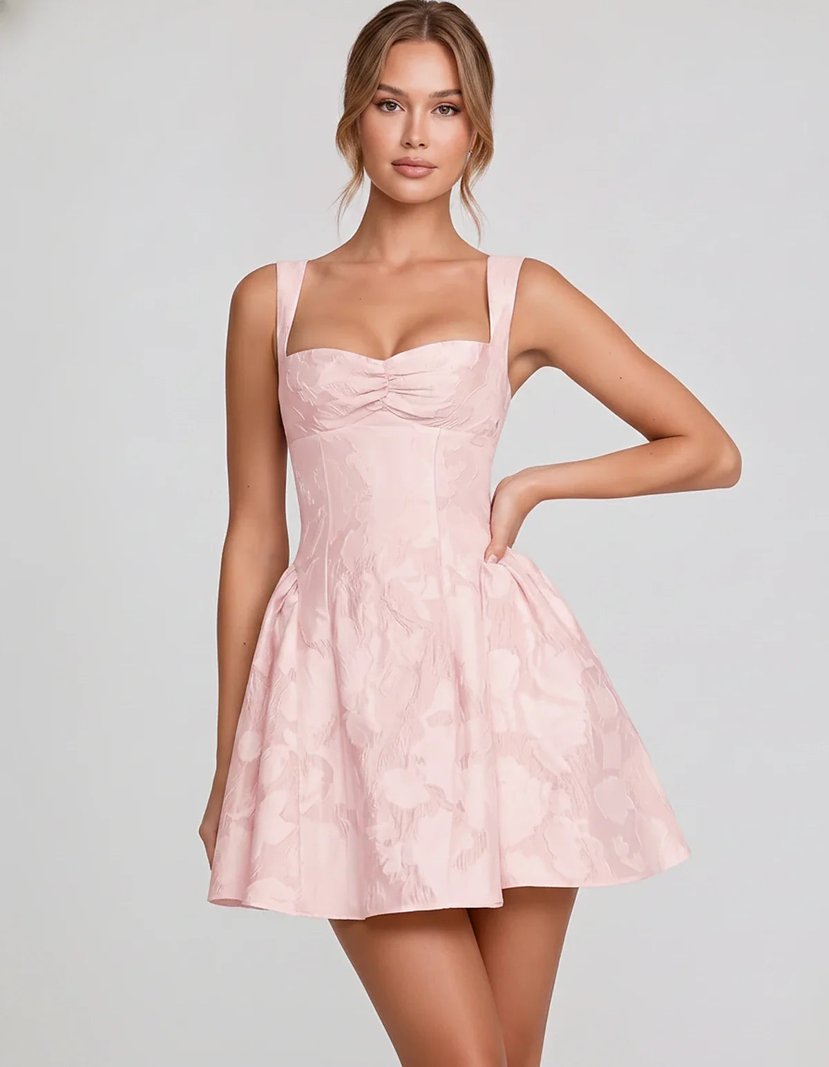 Jacquard Sleeveless Sweetheart A-Line Flared Structured Mini Dress for Party Cocktail Evening Summer Wedding Guest Elegant Oc | SKU: MD-482915736104582-BLUSH-L,MD-482915736104582-BLUSH-M,MD-482915736104582-BLUSH-S,MD-482915736104582-BLUSH-XL,MD-482915736104582-BLUSH-XS