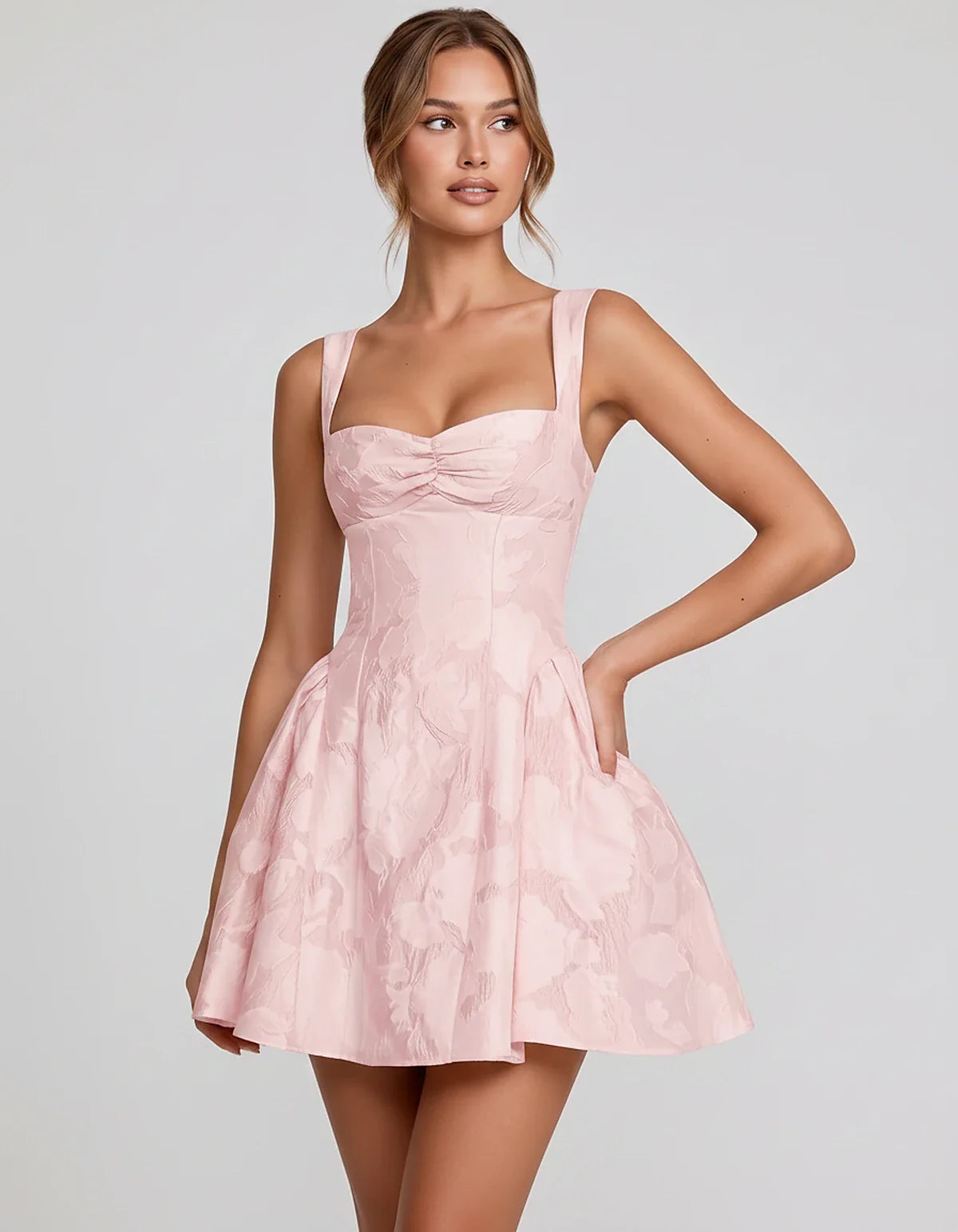 Jacquard Sleeveless Sweetheart A-Line Flared Structured Mini Dress for Party Cocktail Evening Summer Wedding Guest Elegant Oc | SKU: MD-482915736104582-BLUSH-L,MD-482915736104582-BLUSH-M,MD-482915736104582-BLUSH-S,MD-482915736104582-BLUSH-XL,MD-482915736104582-BLUSH-XS
