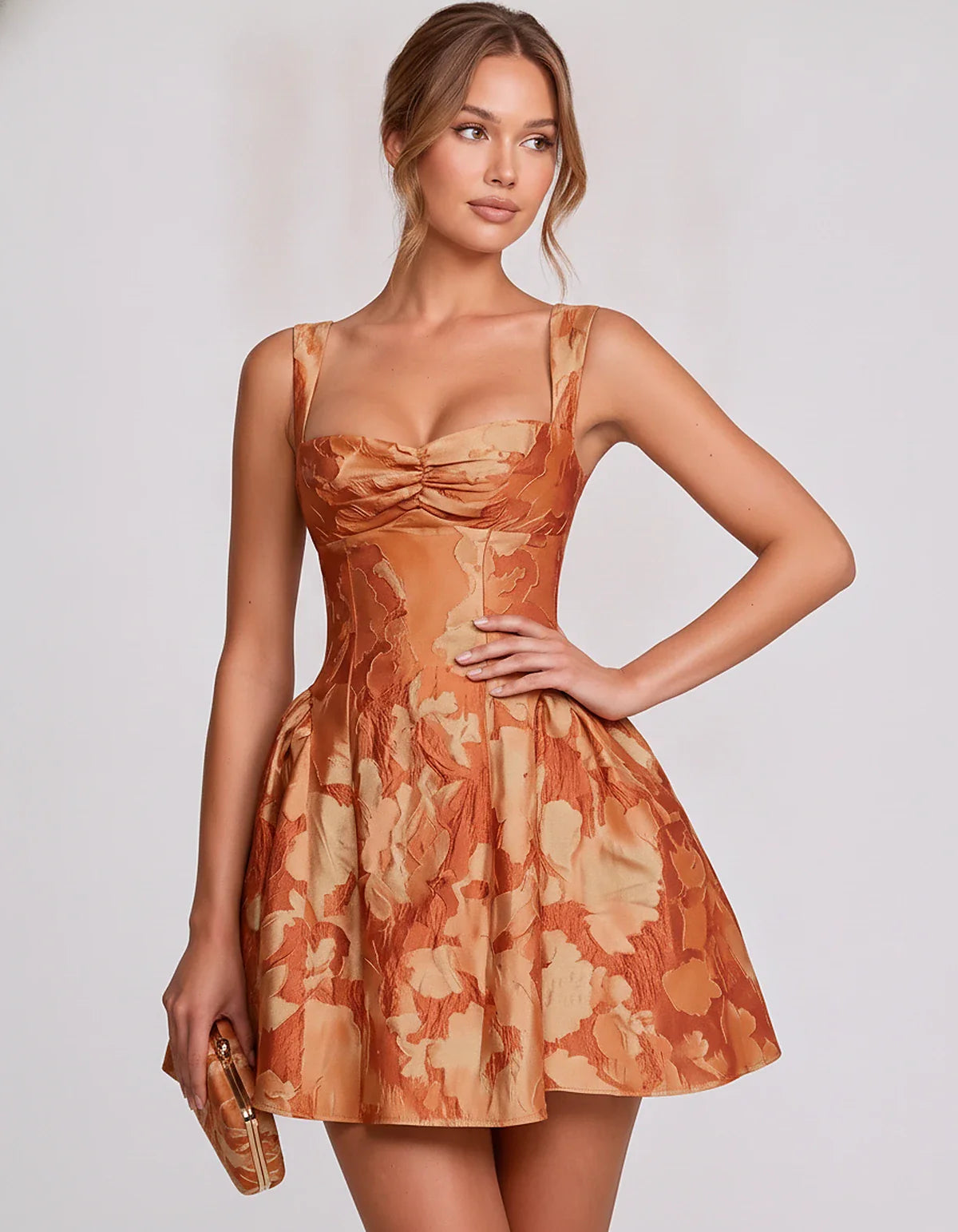 Jacquard Sleeveless Sweetheart A-Line Flared Structured Mini Dress for Party Cocktail Evening Summer Wedding Guest Elegant Oc | SKU: MD-482915736104582-ORANGE-L,MD-482915736104582-ORANGE-M,MD-482915736104582-ORANGE-S,MD-482915736104582-ORANGE-XL,MD-482915736104582-ORANGE-XS