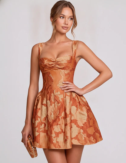 Jacquard Sleeveless Sweetheart A-Line Flared Structured Mini Dress for Party Cocktail Evening Summer Wedding Guest Elegant Oc | SKU: MD-482915736104582-ORANGE-L,MD-482915736104582-ORANGE-M,MD-482915736104582-ORANGE-S,MD-482915736104582-ORANGE-XL,MD-482915736104582-ORANGE-XS