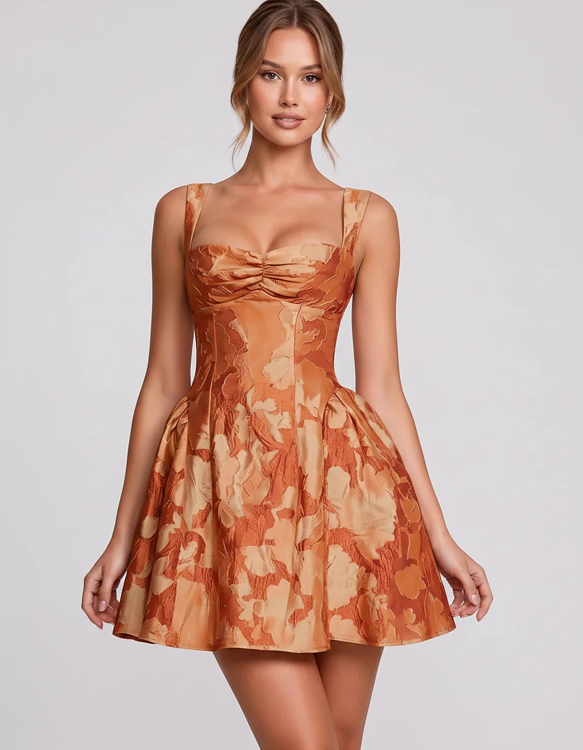 Jacquard Sleeveless Sweetheart A-Line Flared Structured Mini Dress for Party Cocktail Evening Summer Wedding Guest Elegant Oc | SKU: MD-482915736104582-ORANGE-L,MD-482915736104582-ORANGE-M,MD-482915736104582-ORANGE-S,MD-482915736104582-ORANGE-XL,MD-482915736104582-ORANGE-XS