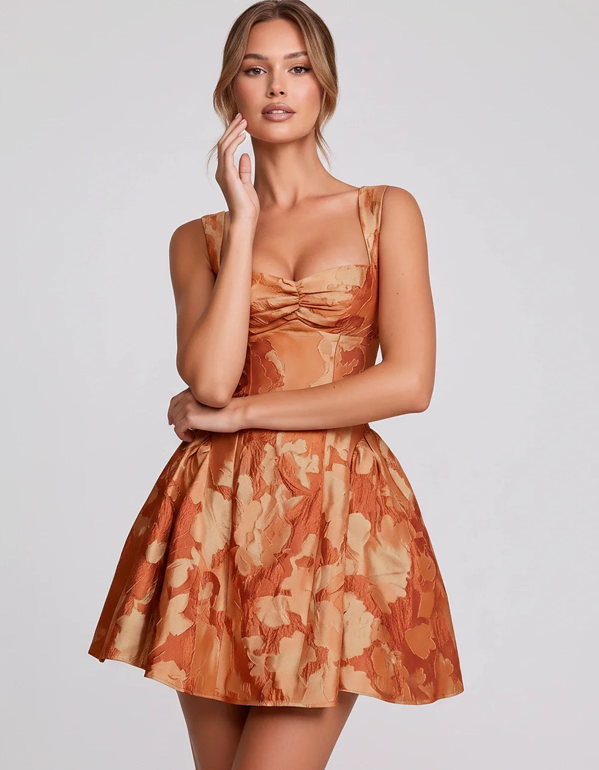 Jacquard Sleeveless Sweetheart A-Line Flared Structured Mini Dress for Party Cocktail Evening Summer Wedding Guest Elegant Oc | SKU: MD-482915736104582-ORANGE-L,MD-482915736104582-ORANGE-M,MD-482915736104582-ORANGE-S,MD-482915736104582-ORANGE-XL,MD-482915736104582-ORANGE-XS