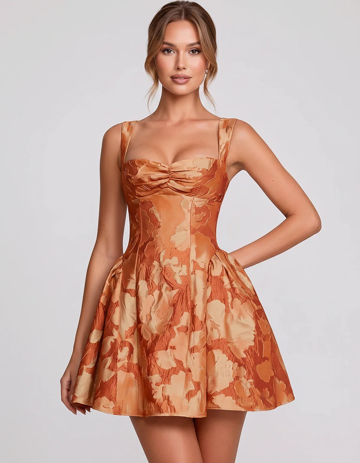 Jacquard Sleeveless Sweetheart A-Line Flared Structured Mini Dress for Party Cocktail Evening Summer Wedding Guest Elegant Oc | SKU: MD-482915736104582-ORANGE-L,MD-482915736104582-ORANGE-M,MD-482915736104582-ORANGE-S,MD-482915736104582-ORANGE-XL,MD-482915736104582-ORANGE-XS