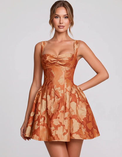 Jacquard Sleeveless Sweetheart A-Line Flared Structured Mini Dress for Party Cocktail Evening Summer Wedding Guest Elegant Oc | SKU: MD-482915736104582-ORANGE-L,MD-482915736104582-ORANGE-M,MD-482915736104582-ORANGE-S,MD-482915736104582-ORANGE-XL,MD-482915736104582-ORANGE-XS