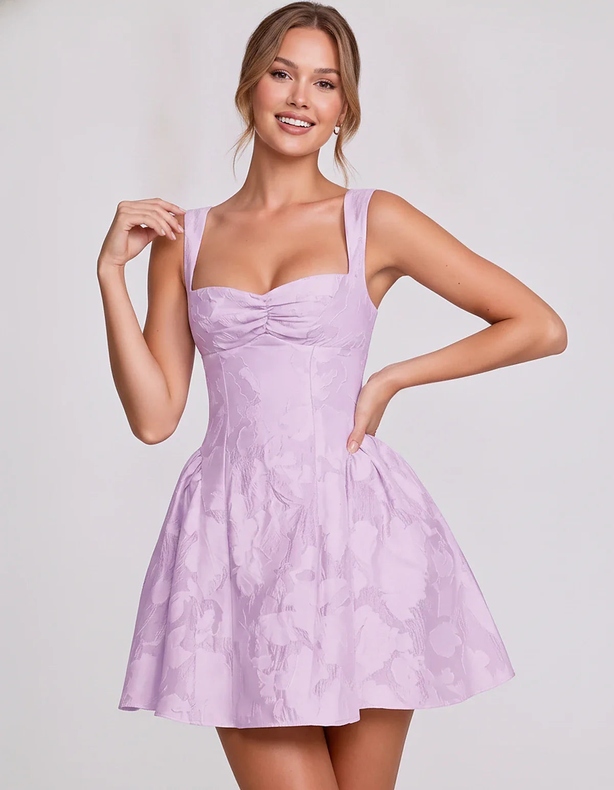 Jacquard Sleeveless Sweetheart A-Line Flared Structured Mini Dress for Party Cocktail Evening Summer Wedding Guest Elegant Oc | SKU: MD-482915736104582-LILAC-L,MD-482915736104582-LILAC-M,MD-482915736104582-LILAC-S,MD-482915736104582-LILAC-XL,MD-482915736104582-LILAC-XS