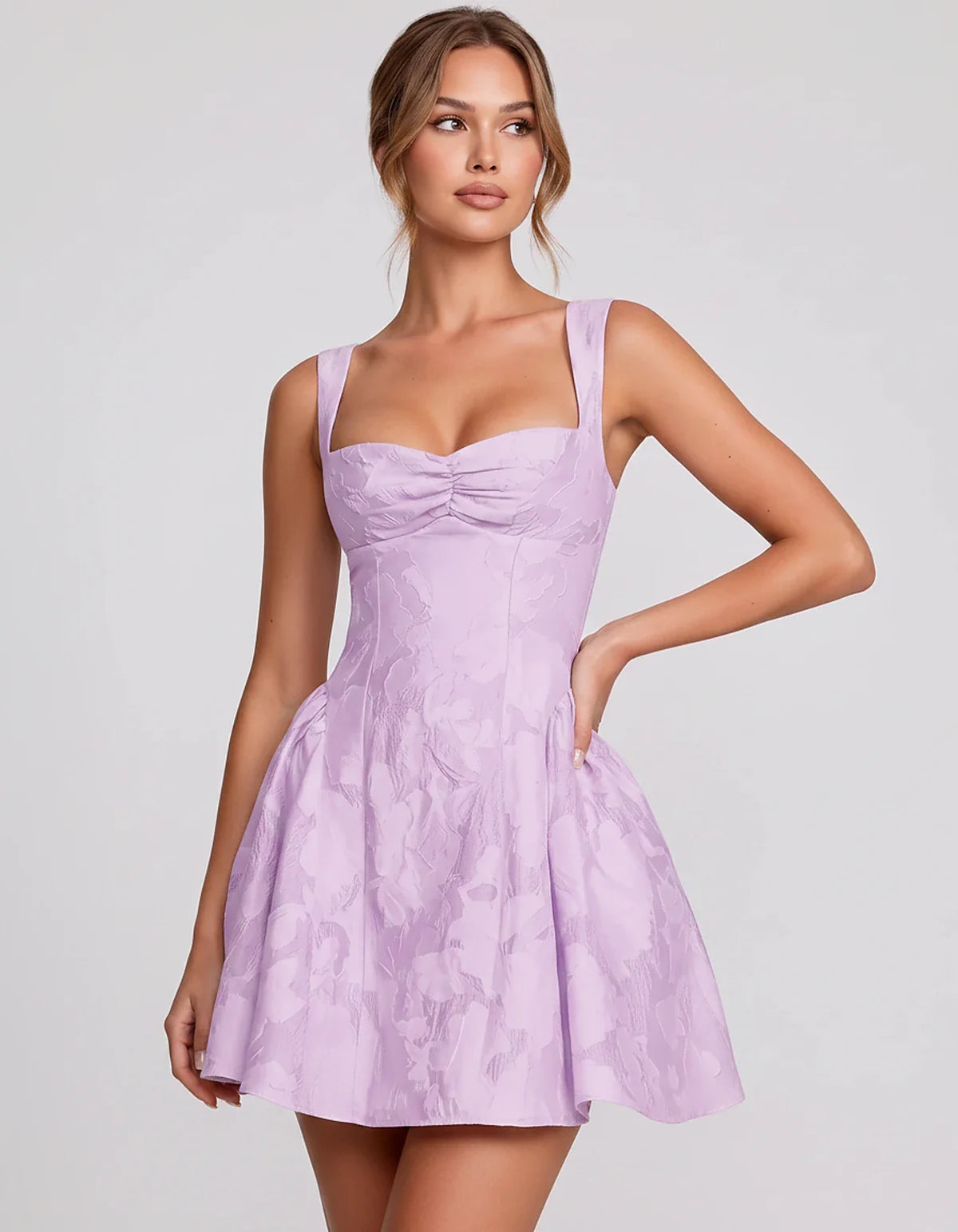 Jacquard Sleeveless Sweetheart A-Line Flared Structured Mini Dress for Party Cocktail Evening Summer Wedding Guest Elegant Oc | SKU: MD-482915736104582-LILAC-L,MD-482915736104582-LILAC-M,MD-482915736104582-LILAC-S,MD-482915736104582-LILAC-XL,MD-482915736104582-LILAC-XS