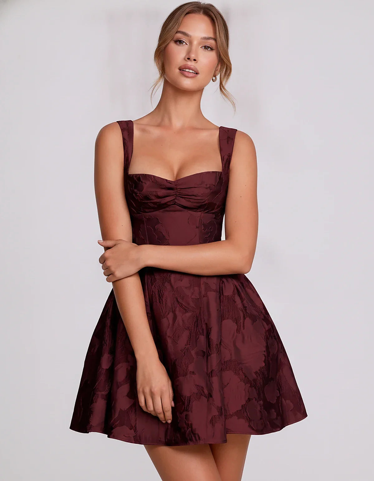 Jacquard Sleeveless Sweetheart A-Line Flared Structured Mini Dress for Party Cocktail Evening Summer Wedding Guest Elegant Oc | SKU: MD-482915736104582-BURGUNDY-L,MD-482915736104582-BURGUNDY-M,MD-482915736104582-BURGUNDY-S,MD-482915736104582-BURGUNDY-XL,MD-482915736104582-BURGUNDY-XS