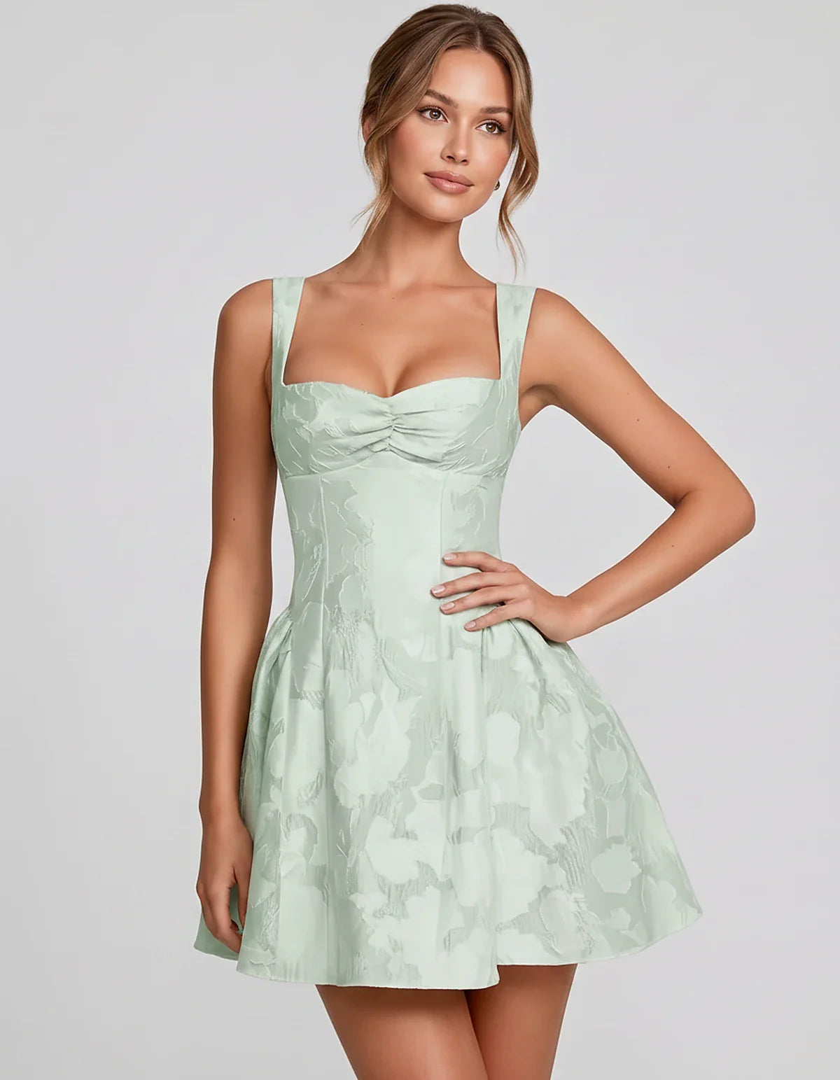 Jacquard Sleeveless Sweetheart A-Line Flared Structured Mini Dress for Party Cocktail Evening Summer Wedding Guest Elegant Oc | SKU: MD-482915736104582-MINT-L,MD-482915736104582-MINT-M,MD-482915736104582-MINT-S,MD-482915736104582-MINT-XL,MD-482915736104582-MINT-XS