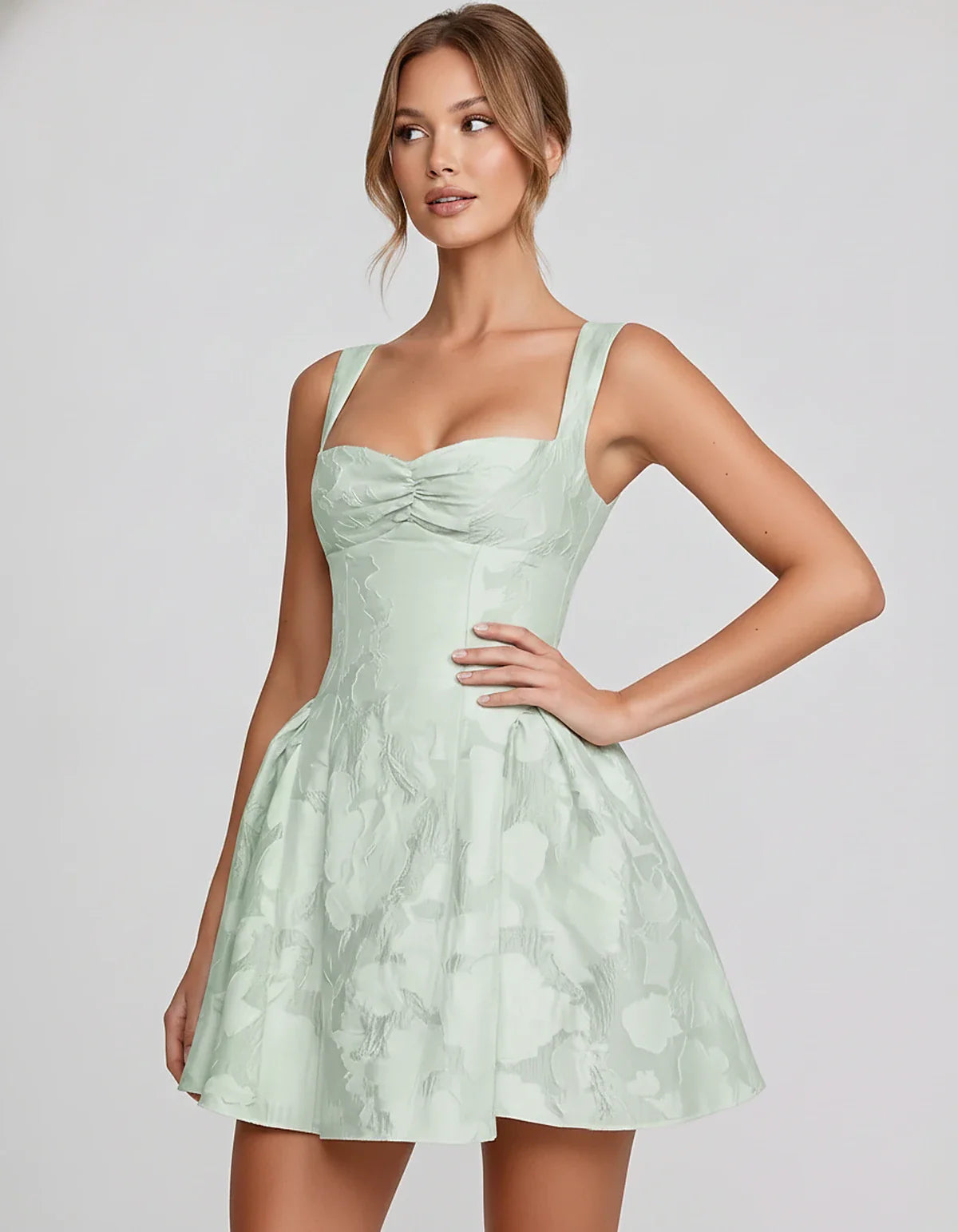Jacquard Sleeveless Sweetheart A-Line Flared Structured Mini Dress for Party Cocktail Evening Summer Wedding Guest Elegant Oc | SKU: MD-482915736104582-MINT-L,MD-482915736104582-MINT-M,MD-482915736104582-MINT-S,MD-482915736104582-MINT-XL,MD-482915736104582-MINT-XS