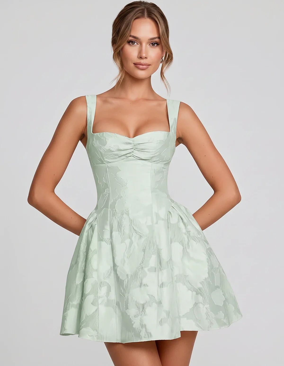 Jacquard Sleeveless Sweetheart A-Line Flared Structured Mini Dress for Party Cocktail Evening Summer Wedding Guest Elegant Oc | SKU: MD-482915736104582-MINT-L,MD-482915736104582-MINT-M,MD-482915736104582-MINT-S,MD-482915736104582-MINT-XL,MD-482915736104582-MINT-XS