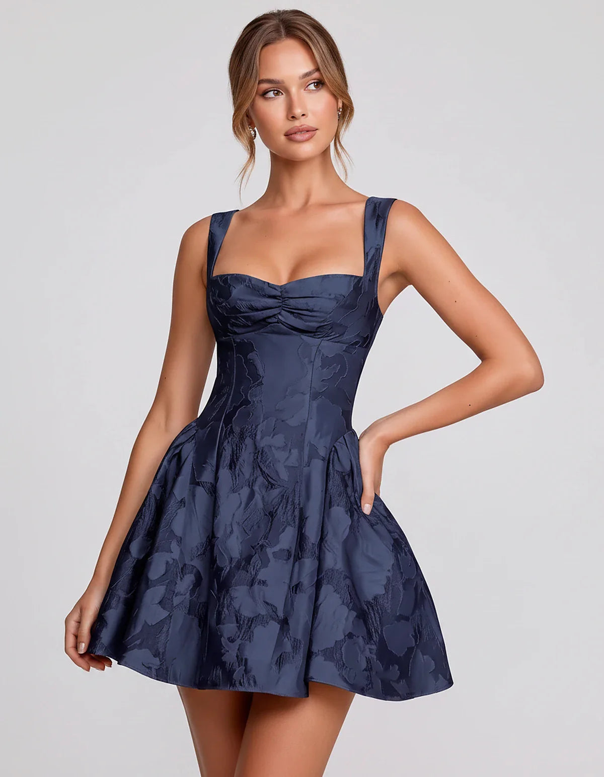 Jacquard Sleeveless Sweetheart A-Line Flared Structured Mini Dress for Party Cocktail Evening Summer Wedding Guest Elegant Oc | SKU: MD-482915736104582-NAVY-L,MD-482915736104582-NAVY-M,MD-482915736104582-NAVY-S,MD-482915736104582-NAVY-XL,MD-482915736104582-NAVY-XS