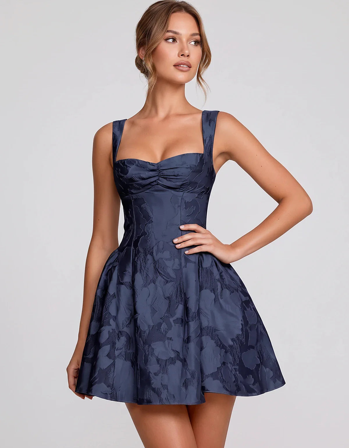 Jacquard Sleeveless Sweetheart A-Line Flared Structured Mini Dress for Party Cocktail Evening Summer Wedding Guest Elegant Oc | SKU: MD-482915736104582-NAVY-L,MD-482915736104582-NAVY-M,MD-482915736104582-NAVY-S,MD-482915736104582-NAVY-XL,MD-482915736104582-NAVY-XS