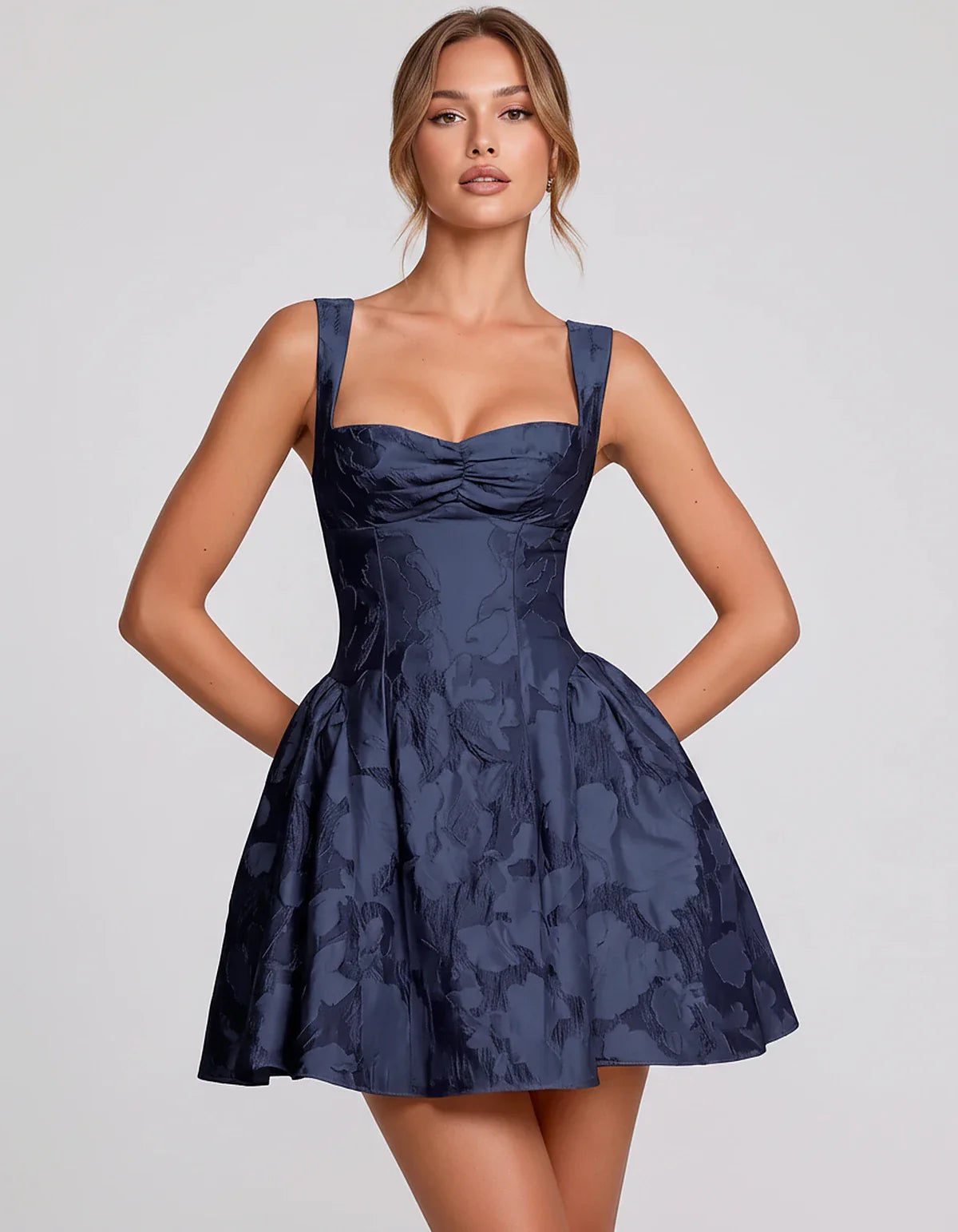 Jacquard Sleeveless Sweetheart A-Line Flared Structured Mini Dress for Party Cocktail Evening Summer Wedding Guest Elegant Oc | SKU: MD-482915736104582-NAVY-L,MD-482915736104582-NAVY-M,MD-482915736104582-NAVY-S,MD-482915736104582-NAVY-XL,MD-482915736104582-NAVY-XS