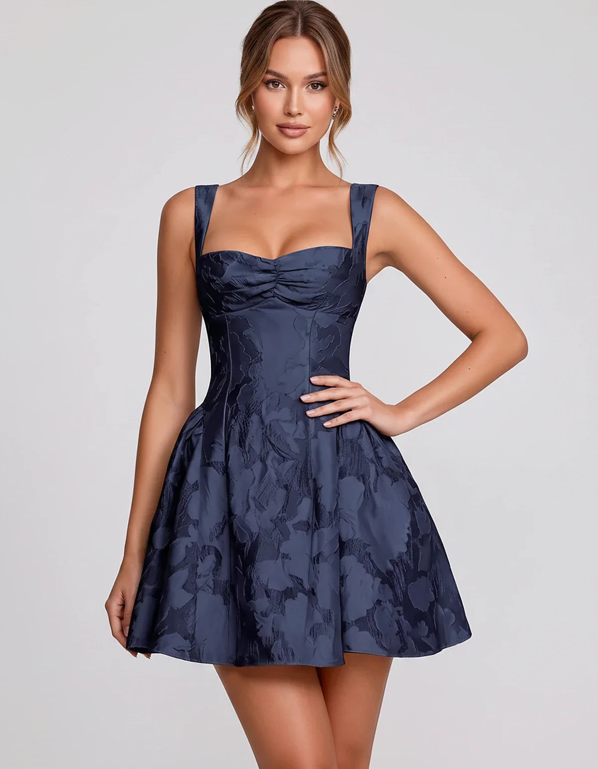 Jacquard Sleeveless Sweetheart A-Line Flared Structured Mini Dress for Party Cocktail Evening Summer Wedding Guest Elegant Oc | SKU: MD-482915736104582-NAVY-L,MD-482915736104582-NAVY-M,MD-482915736104582-NAVY-S,MD-482915736104582-NAVY-XL,MD-482915736104582-NAVY-XS