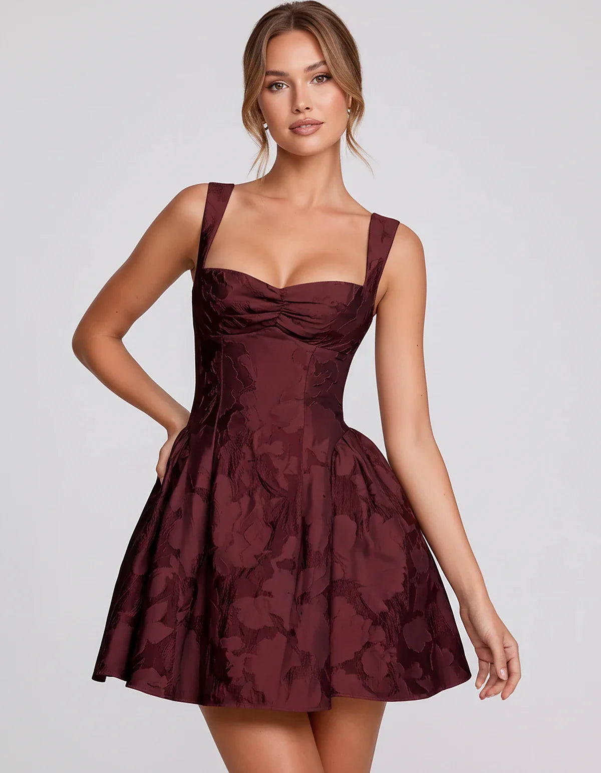 Jacquard Sleeveless Sweetheart A-Line Flared Structured Mini Dress for Party Cocktail Evening Summer Wedding Guest Elegant Oc | SKU: MD-482915736104582-BURGUNDY-L,MD-482915736104582-BURGUNDY-M,MD-482915736104582-BURGUNDY-S,MD-482915736104582-BURGUNDY-XL,MD-482915736104582-BURGUNDY-XS