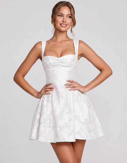 Jacquard Sleeveless Sweetheart A-Line Flared Structured Mini Dress for Party Cocktail Evening Summer Wedding Guest Elegant Oc | SKU: MD-482915736104582-WHITE-L,MD-482915736104582-WHITE-M,MD-482915736104582-WHITE-S,MD-482915736104582-WHITE-XL,MD-482915736104582-WHITE-XS
