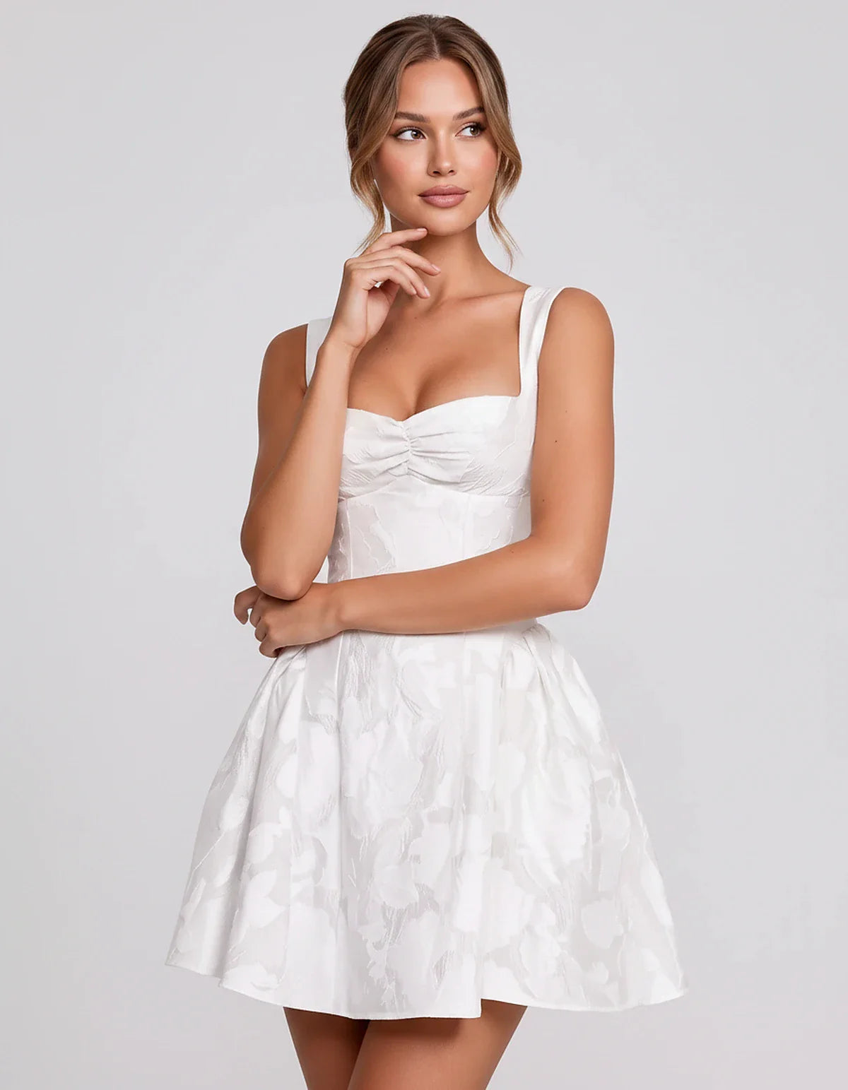 Jacquard Sleeveless Sweetheart A-Line Flared Structured Mini Dress for Party Cocktail Evening Summer Wedding Guest Elegant Oc | SKU: MD-482915736104582-WHITE-L,MD-482915736104582-WHITE-M,MD-482915736104582-WHITE-S,MD-482915736104582-WHITE-XL,MD-482915736104582-WHITE-XS