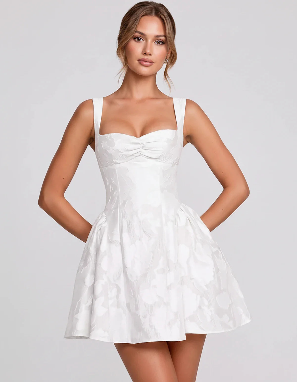 Jacquard Sleeveless Sweetheart A-Line Flared Structured Mini Dress for Party Cocktail Evening Summer Wedding Guest Elegant Oc | SKU: MD-482915736104582-WHITE-L,MD-482915736104582-WHITE-M,MD-482915736104582-WHITE-S,MD-482915736104582-WHITE-XL,MD-482915736104582-WHITE-XS